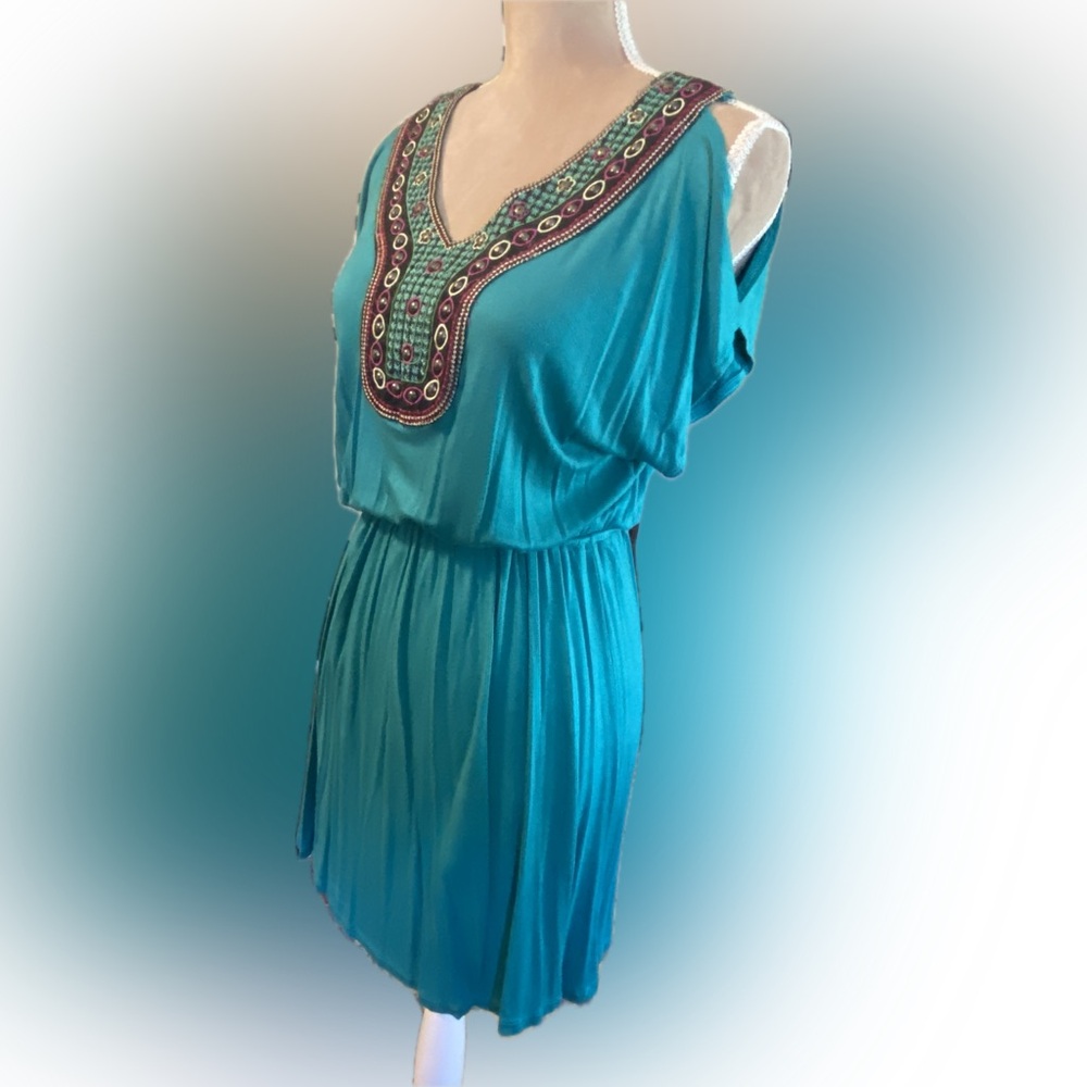 Embroidered Teal Cold-Shoulder Women's Dress